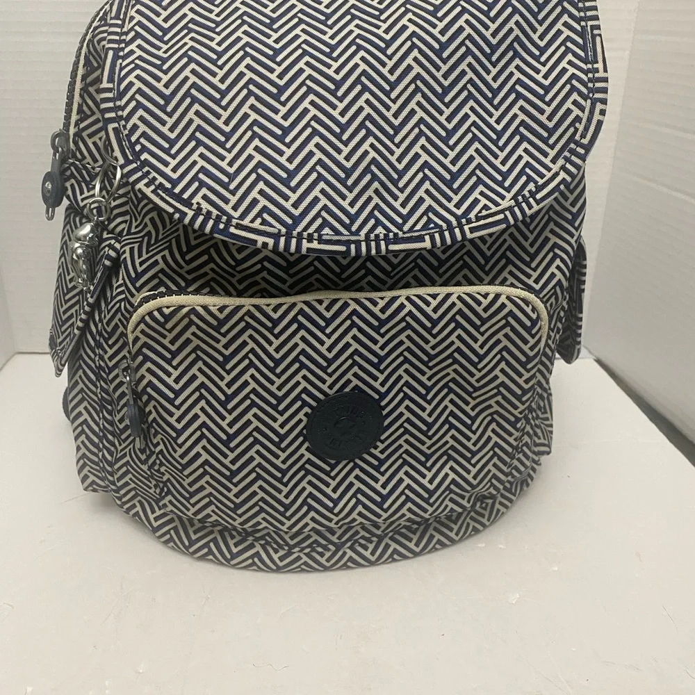 Kipling City Navy and White Chevron Patterned Backpack Water Resistant